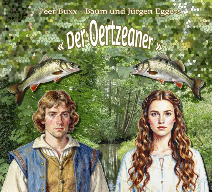 „Der Oertzeaner“ – Musikalbum als Audio-CD Das Cover einer Audio-CD zeigt eine Collage mit Zeichnungen eines Mannes und einer Frau vor einem Fluss mit Laubbäumen an den Ufern. Zwei Fische springen über die Personen