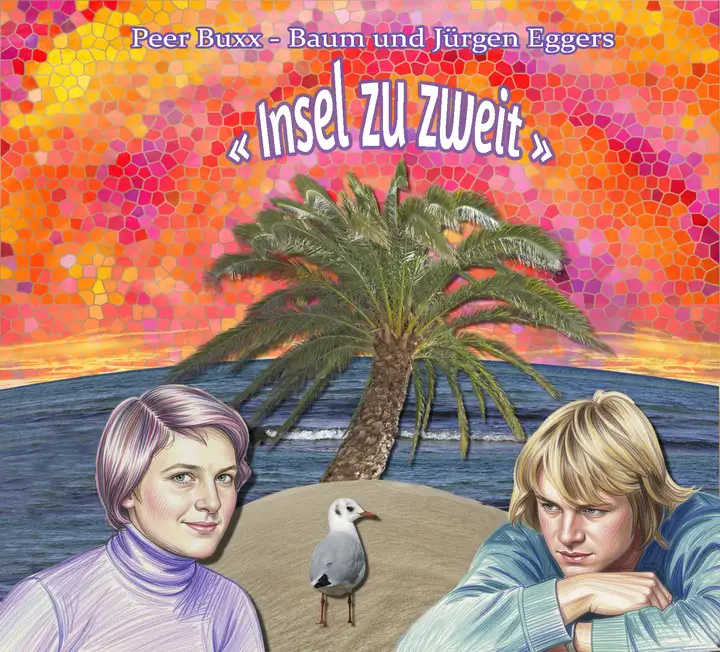 „Insel zu zweit“ – Musikalbum als Audio-CD Das Cover einer Audio-CD zeigt eine Collage mit Zeichnungen einer Frau und einem Mann vor einer kleinen Insel mit einer Palme. Im Hintergrund das Meer und ein künstlicher roter Himmel