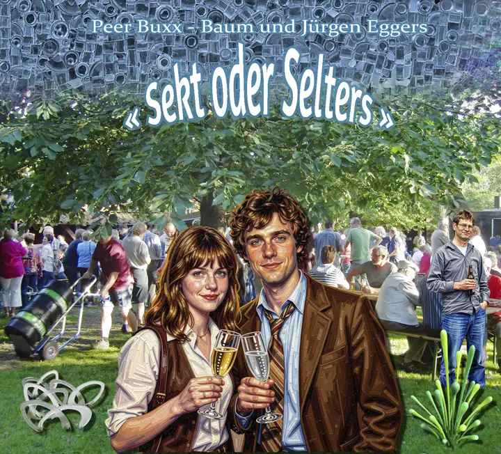 „Sekt oder Selters“ – Musikalbum als Audio-CD Das Cover einer Audio-CD zeigt eine Collage mit Zeichnungen eines Mannes und einer Frau vor einem Biergarten mit Glaskunstwerken auf dem Rasen
